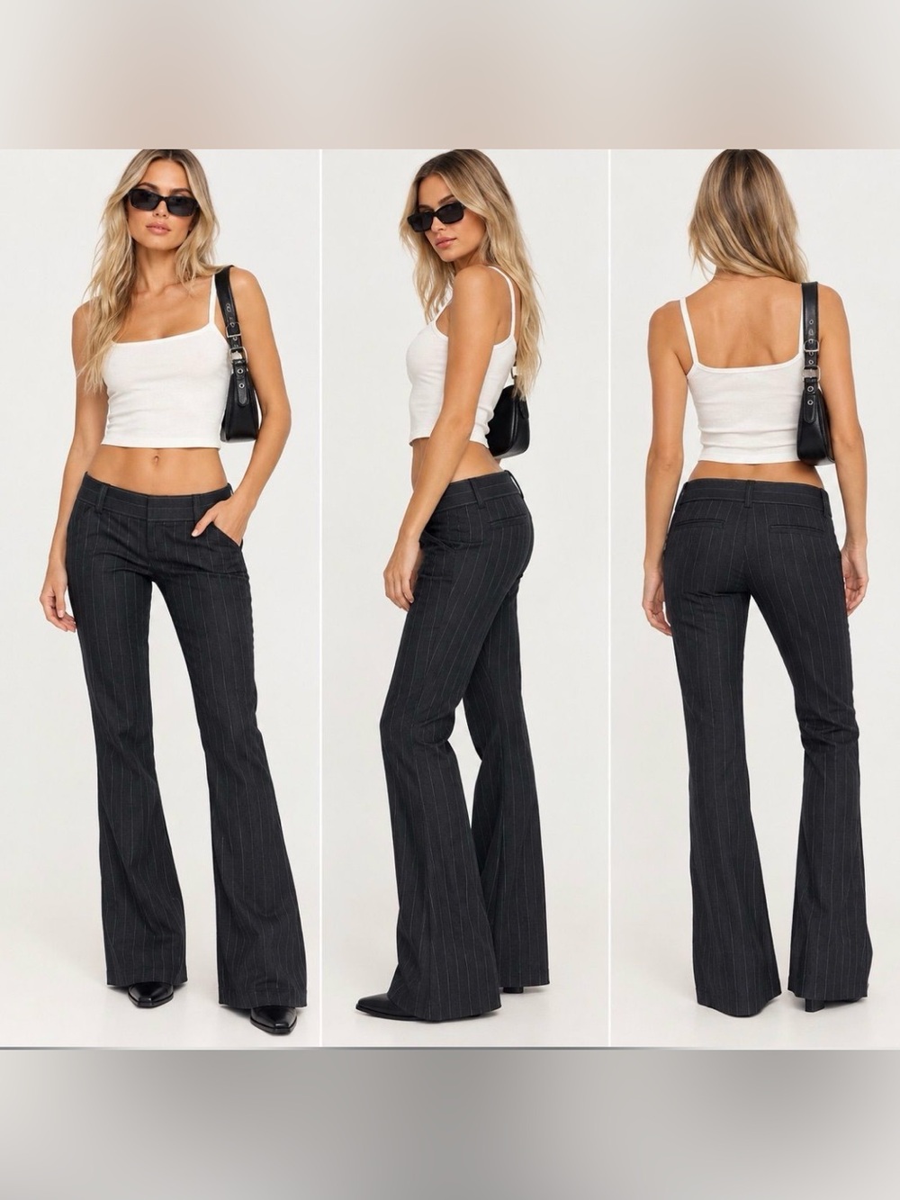 Alice and Olivia Low Rise Pinstripe Flare Pants - Black